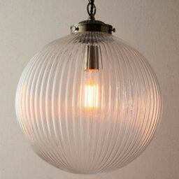 Hanging Ceiling Pendant Light Brass & Ribbed Glass Large Round Lamp Shade Holder - thumbnail 4