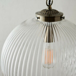 Hanging Ceiling Pendant Light Brass & Ribbed Glass Large Round Lamp Shade Holder - thumbnail 3