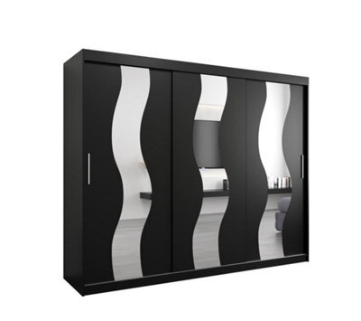 Arte Seville Wavy Mirrored Sliding Door Wardrobe With Shelves And Hanging Rails In Black (H)2000mm (W)2500mm (D)620mm - image 1