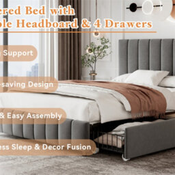 Abrihome 4Ft6 Upholstered Double Bed With 4 Storage Drawers, With Adjustable Channel Tufted Headboard, Grey (No Mattress) - thumbnail 5