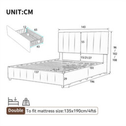Abrihome 4Ft6 Upholstered Double Bed With 4 Storage Drawers, With Adjustable Channel Tufted Headboard, Grey (No Mattress) - thumbnail 6