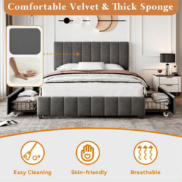 Abrihome 4Ft6 Upholstered Double Bed With 4 Storage Drawers, With Adjustable Channel Tufted Headboard, Grey (No Mattress) - thumbnail 4