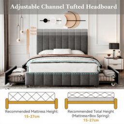 Abrihome 4Ft6 Upholstered Double Bed With 4 Storage Drawers, With Adjustable Channel Tufted Headboard, Grey (No Mattress) - thumbnail 2
