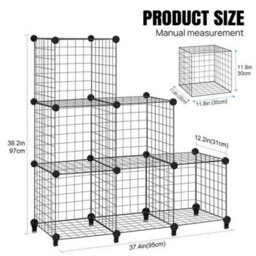 Interlocking Storage Unit 6 Cube Diy Wire Grid Bookcase Black Multifunctional - thumbnail 2