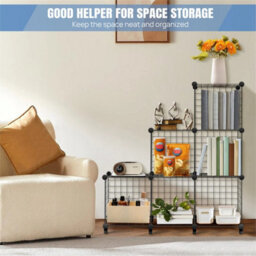 Interlocking Storage Unit 6 Cube Diy Wire Grid Bookcase Black Multifunctional - thumbnail 6