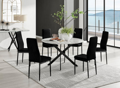 Furniturebox Uk Novara White Marble Black Leg 120Cm Round Dining Table & 6 Black Velvet Milan Black Leg Chairs - image 1