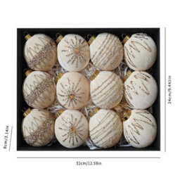 Amorly 12 Pack Flocked Velvet Christmas Ball Ornaments, 8Cm Hanging Tree Baubles, Seasonal Indoor Christmas Home Decor (Beige) - thumbnail 3