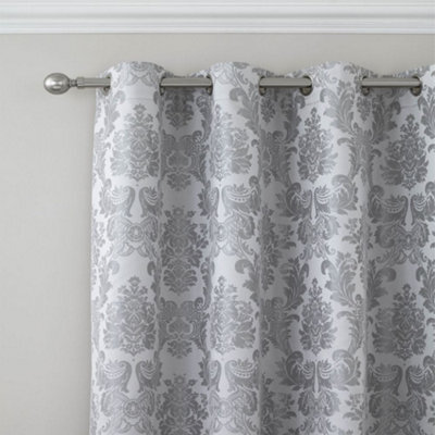 Catherine Lansfield Living Damask Jacquard 66X72 Inch Eyelet Curtains Two Panels Silver Grey - image 1