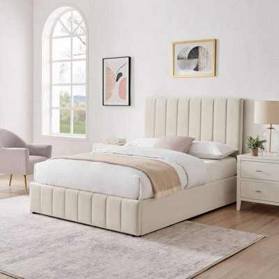 Ecasa Leo Cream Velvet Fabric Double 4Ft 6 Ottoman Storage Bed Frame - image 1