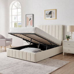 Ecasa Leo Cream Velvet Fabric Double 4Ft 6 Ottoman Storage Bed Frame - thumbnail 2