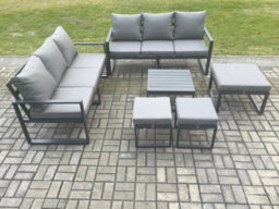 Fimous Aluminium 9 Seater Outdoor Garden Furniture Lounge Sofa Set With Square Coffee Table 3 Footstools Dark Grey - thumbnail 1