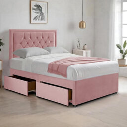 Pink Plush 4Ft Small Double Bed With Matttress  2 Storage Drawers And 20 Inch Borderd Headboard
