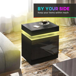 Bedside Cabinet Table High Gloss Black 2 Drawers Led Light - thumbnail 6
