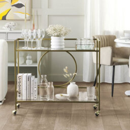 Wyld And Coco Glamour Kitchen Trolley Gold Metal Frame With Tempered Glass Shelves 75 X 45 Cm - Open Storage, Wheels - thumbnail 2