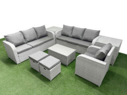 Fimous 9 Seater Poly Rattan Outdoor Garden Furniture Sofa Set 3 Seater Sofa Stools 2 Side Table Light Grey - thumbnail 2