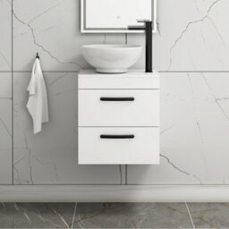 Royal Bathrooms 500mm Wall Hung Vanity Unit 2 Drawer Gloss White & Breeze Countertop Basin With Matt Black Handle - thumbnail 1