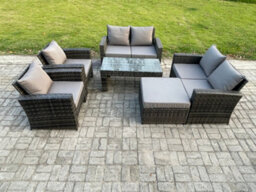 Fimous 7 Seater Dark Grey Mixed High Back Rattan Sofa Set Coffee Table Garden Furniture Outdoor Patio With Love Sofa For Balcony