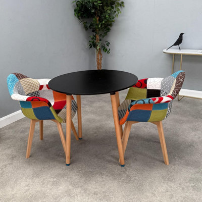 Life Interiors Patchwork Halo Round Dining Set With A Black Round Dining Table And Set Of 2 Multicolored Tub Fabric Chairs - image 1