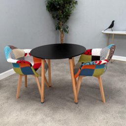 Life Interiors Patchwork Halo Round Dining Set With A Black Round Dining Table And Set Of 2 Multicolored Tub Fabric Chairs - thumbnail 1