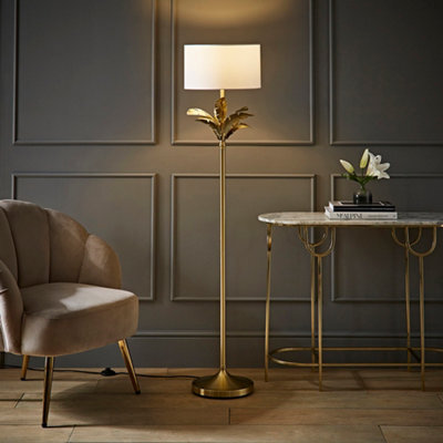 Valuelights Christina White Drum Shade Gold Palm Leaf Detail Single Stem Floor Lamp - image 1