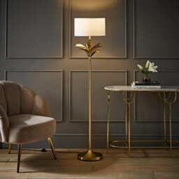 Valuelights Christina White Drum Shade Gold Palm Leaf Detail Single Stem Floor Lamp