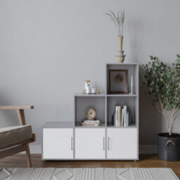 Urbn-Living Urbnliving 91Cm Height 6 Cube Step Grey Storage Bookcase Shelf Unit White Wooden Door With Metal Handle