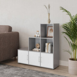 Urbn-Living Urbnliving 91Cm Height 6 Cube Step Grey Storage Bookcase Shelf Unit White Wooden Door With Metal Handle - thumbnail 3