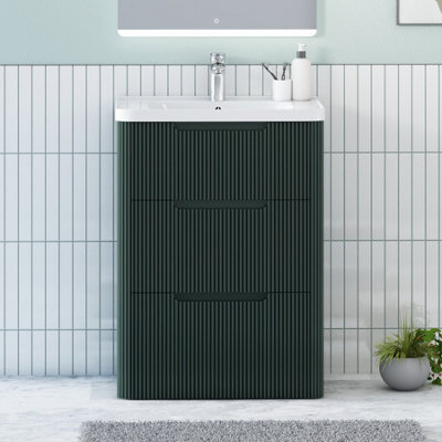 Royal Bathrooms Avenza 600mm Fluted Floor Standing Vanity Unit Deep Moss Green 3 Drawer Storage Cabinet With Ceramic Basin - image 1