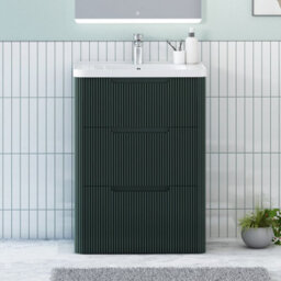 Royal Bathrooms Avenza 600mm Fluted Floor Standing Vanity Unit Deep Moss Green 3 Drawer Storage Cabinet With Ceramic Basin