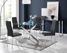 Furniturebox Leonardo 4 Seat Rectangular Glass Dining Table With Silver Metal Legs & 4 Black Milan Faux Leather Silver Leg Chairs