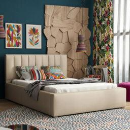 Modern Bedroom Bed Frame With Storage 160X200 Hdf And Laminated Board Metal Slatted Base 180X223X93Cm Beige - thumbnail 1