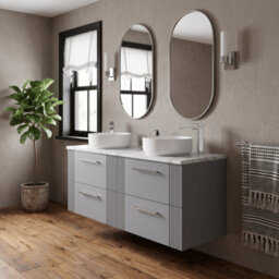 Balterley Belvide Partial Fluted 4 Drawer Wall Hung Vanity Unit With Carrera Marble Laminate Worktop - 1200mm - Satin Grey - thumbnail 4