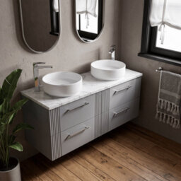 Balterley Belvide Partial Fluted 4 Drawer Wall Hung Vanity Unit With Carrera Marble Laminate Worktop - 1200mm - Satin Grey - thumbnail 3