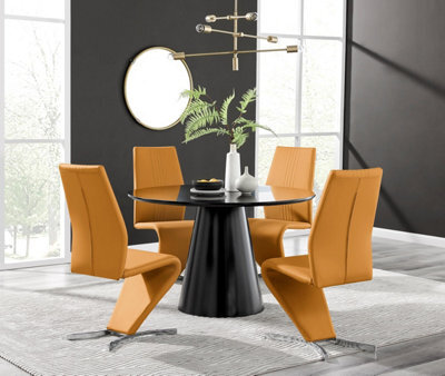Furniturebox Uk Palma Black Semi Gloss Round Dining Table & 4 Mustard Willow Chairs - image 1