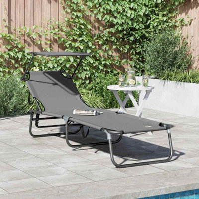 Berkfield Folding Sun Lounger With Canopy Grey 600D Oxford Fabric - image 1
