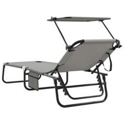 Berkfield Folding Sun Lounger With Canopy Grey 600D Oxford Fabric - thumbnail 6
