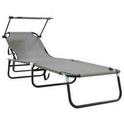 Berkfield Folding Sun Lounger With Canopy Grey 600D Oxford Fabric - thumbnail 2