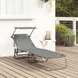 Berkfield Folding Sun Lounger With Canopy Grey 600D Oxford Fabric - thumbnail 3
