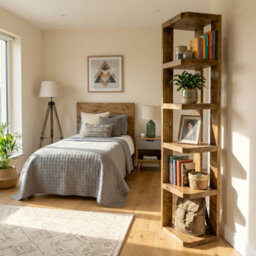 Belix W32Cm Solid Wood Corner Bookshelf Open Bookcase, Rustic Scandinavian Design - thumbnail 3