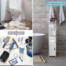 Wooden White Free Standing Toilet Paper Roll Holder Bathroom Storage Cabinet - thumbnail 4
