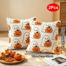 Amorly 2 Pack 18X18In Halloween Cushion Covers, Ghost Holding Pumpkin Print, No Insert, Indoor Living Room Decor - thumbnail 4