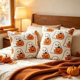 Amorly 2 Pack 18X18In Halloween Cushion Covers, Ghost Holding Pumpkin Print, No Insert, Indoor Living Room Decor - thumbnail 6