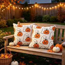 Amorly 2 Pack 18X18In Halloween Cushion Covers, Ghost Holding Pumpkin Print, No Insert, Indoor Living Room Decor - thumbnail 7