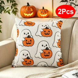 Amorly 2 Pack 18X18In Halloween Cushion Covers, Ghost Holding Pumpkin Print, No Insert, Indoor Living Room Decor - thumbnail 2