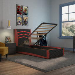 SlumberWorx Galaxy Ottoman Storage Led Headboard Gaming Single Bed Frame (Black And Red) - thumbnail 3