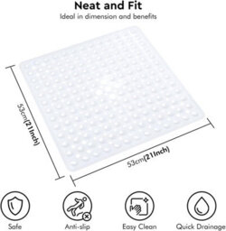 Anti Slip Square Shower Mat 53 X 53Cm Bath Mat With Suction Cup And Drain Hole, Antibacterial Mildew-Resistant Machine Washable - thumbnail 2