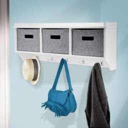 Taylor & Brown Wall-Mounted Coat Rack With 5 Hooks, Shelf, 3 Fabric Baskets - Modern Hallway Organiser, W90Xd20Xh34Cm (White) - thumbnail 3