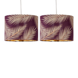 First Choice Lighting Set Of 2 Tropica - Burgundy Gold Leaf Detail 25Cm Pendant Lamp Shades