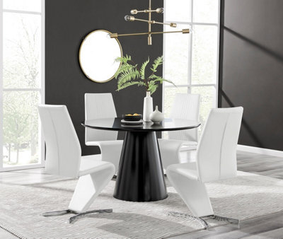 Furniturebox Uk Palma Black Semi Gloss Round Dining Table & 4 White Willow Chairs - image 1