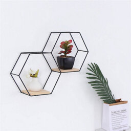 Living And Home 2 Compartments Modern Hexagon Wood Wall Shelf With Iron Frame - thumbnail 1